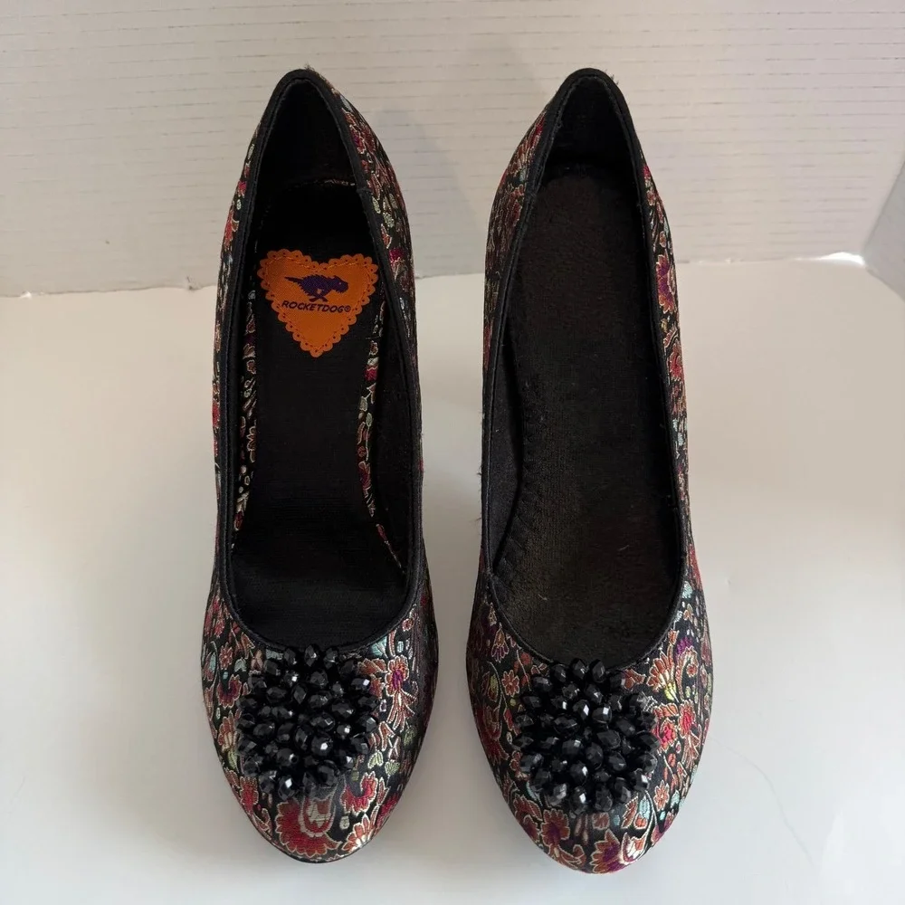 Rocket Dog Floral Tapestry Brocade‎ Beaded Pumps Boho Black Multi Womens 8M